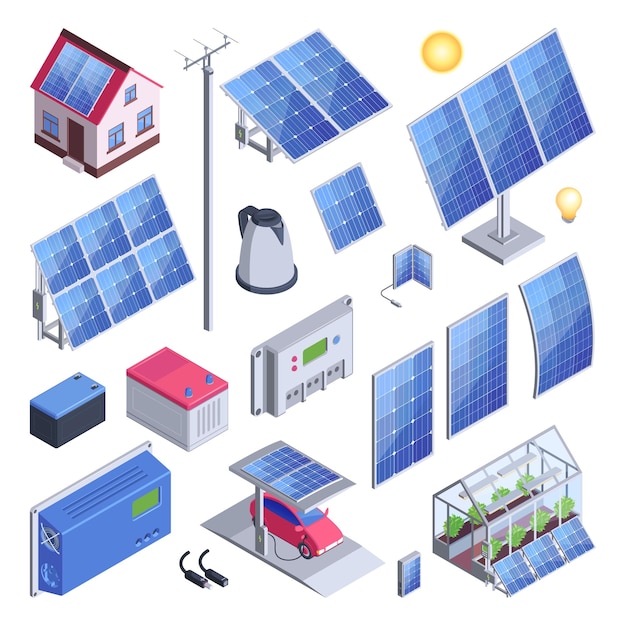 Gratis Vector zonne-energie kleur set eco huis en kas met zonnepanelen teller controller elektrische auto geïsoleerde pictogrammen vector illustratie