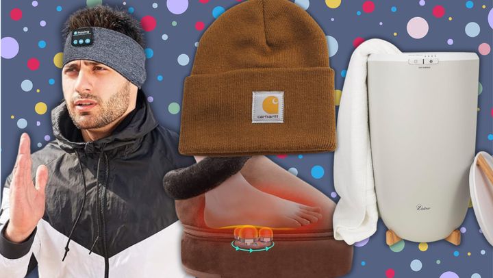 A pair of wireless headband headphones, Carhartt beanie, foot warmer and massager and a towel warmer.