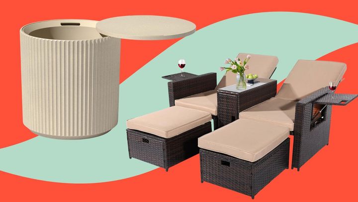 An insulated cooler end table and an adjustable chaise lounge set.