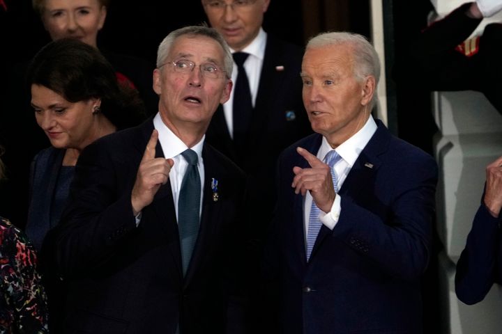 President Joe Biden and NATO Secretary General Jens Stoltenberg watch a fly-over as they welcome NATO allies and partners to the White House in Washington, on July 10, 2024, on the South Lawn for the 75th anniversary of the NATO Summit.