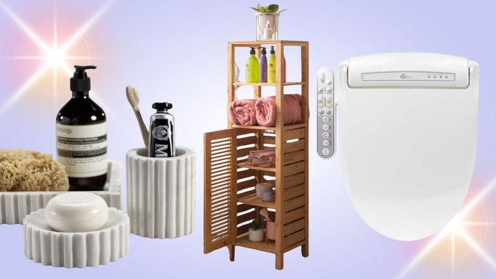 A marble vanity set, a bamboo storage shelf and a toilet seat bidet. 