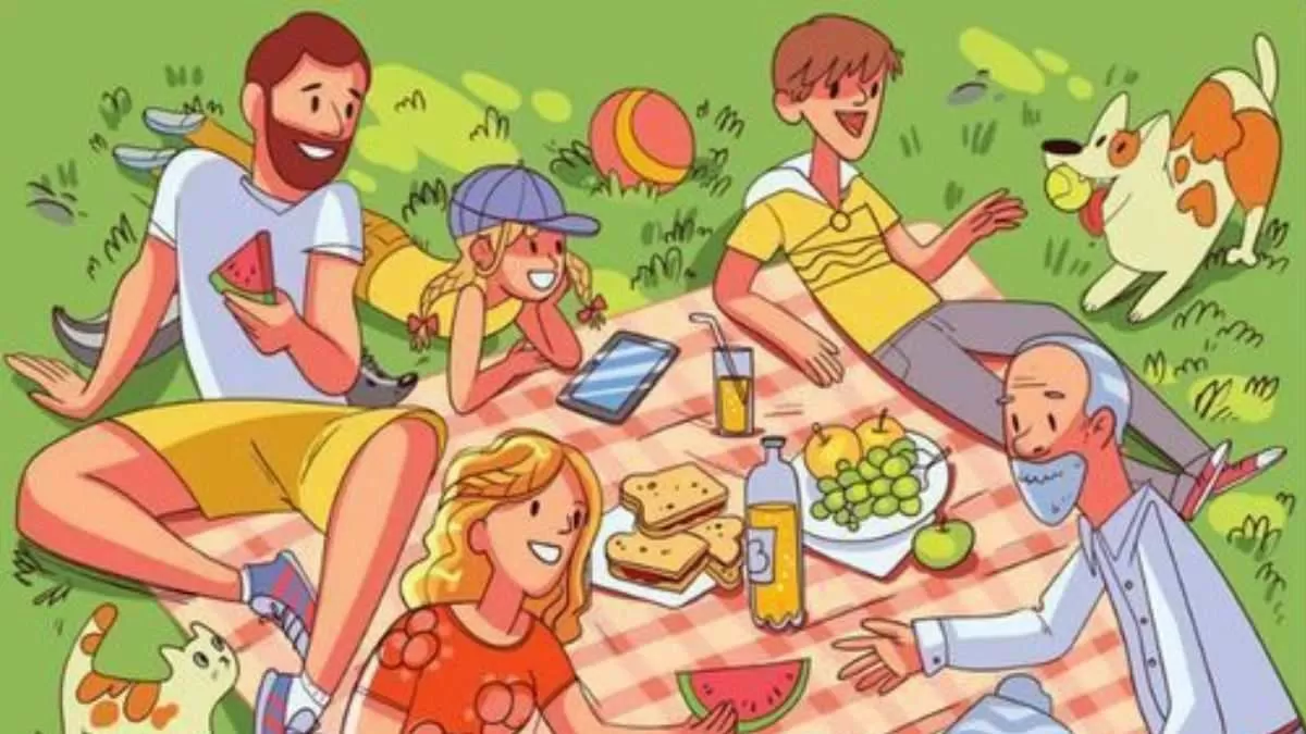 There is a jar of orange juice in this family picnic scene. Can you spot it?