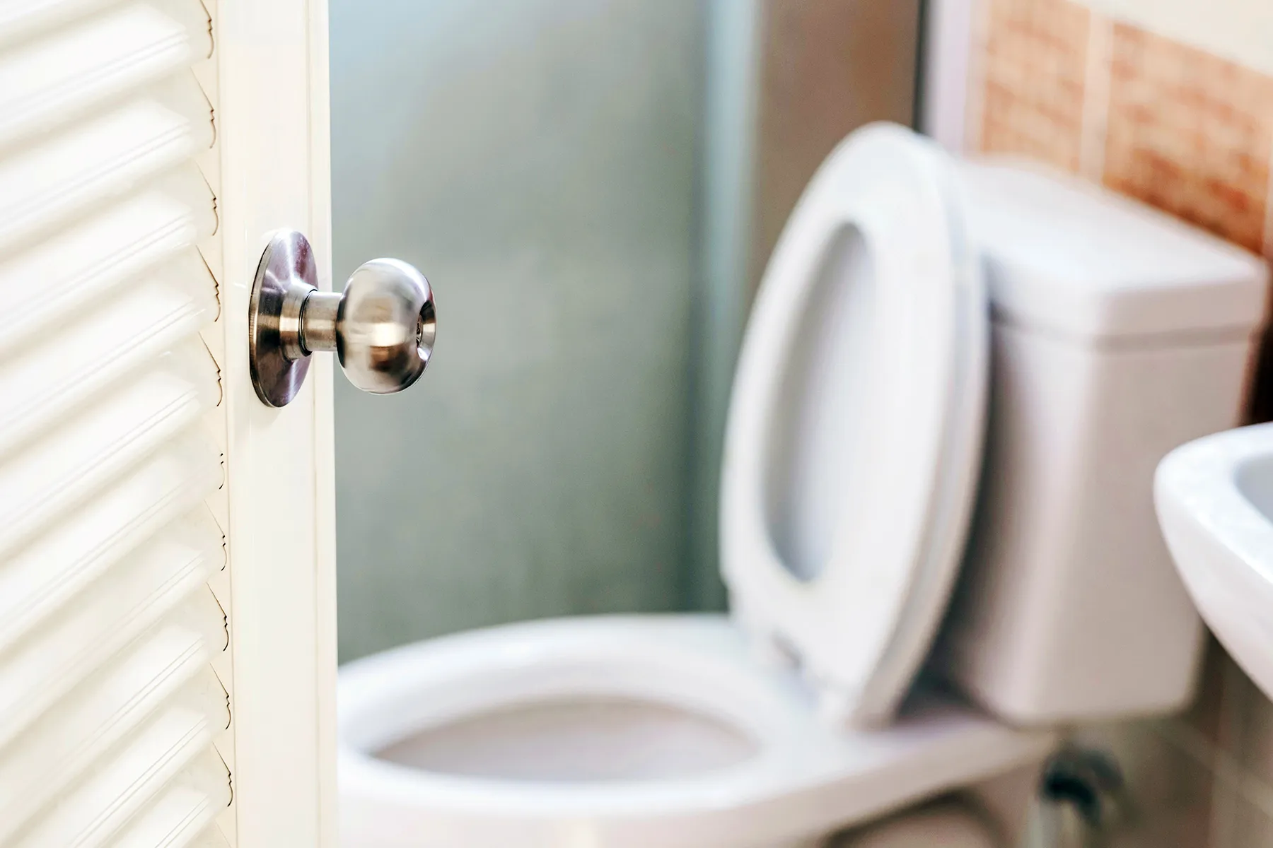 photo of toilet seen through bathroom door