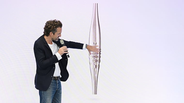 Mathieu Lehanneur attends the press conference where the design of the Paris 2024 Olympic torch was unveiled on July 25, 2023 in Paris, France.