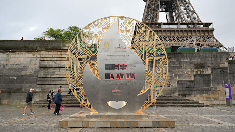 The official Olympic countdown clock with the remaining days and time until the 2024 Summer Olympics seen on July 27, 2023 in Paris, France. Paris will host the Summer Olympics from July 26 till August 11, 2024.