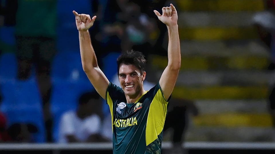 Pat Cummins of Australia celebrates after dismissing Taskin Ahmed of Bangladesh for his hat trick during the ICC Men's T20 Cricket World Cup West Indies & USA 2024 Super Eight match between Australia and Bangladesh at Sir Vivian Richards Stadium on June 20, 2024 in Antigua, Antigua and Barbuda.