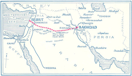 Mapa de la ruta comercial de los hermanos Nairn, de Beirut a Damasco y Bagdad.