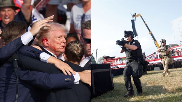 Secret Service agents dog-pile on Donald Trump (left) after the sound of gunshots break out at his rally and security (right) moves into new positions.