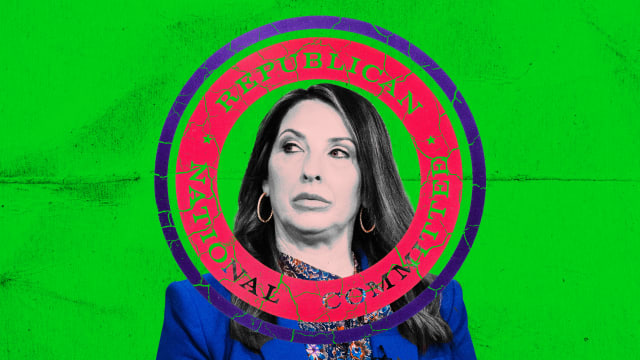 A photo illustration of Ronna McDaniel and the RNC logo.