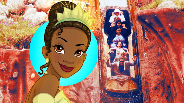 A photo illustration of Princess Tiana and Disneyland's Splash Mountain.