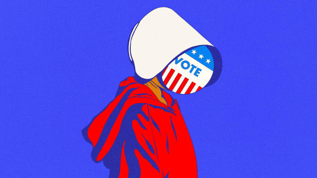 Illustration of a Handmaid’s Tale woman with a vote pin instead of face.