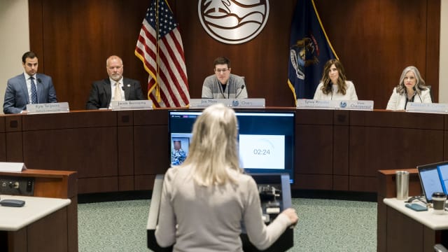 From left, Ottawa County commissioners Kyle Terpstra, Jacob Bonnema, Joe Moss, Sylvia Rhodea, and Rebekah Curran