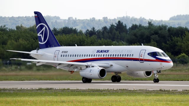 A Sukhoi Superjet 100 regional jet is see in Zhukovsky, outside Moscow, Russia