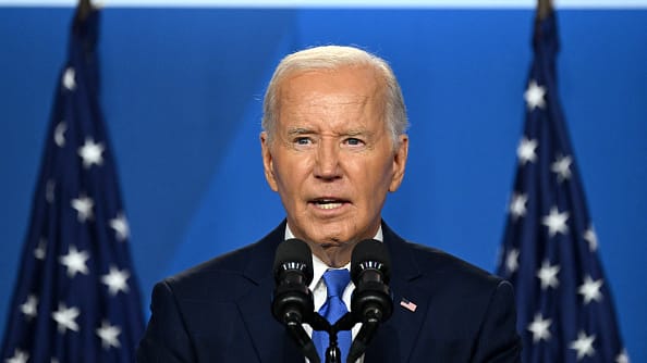 Joe Biden speaks during a press conference at the close of the 75th NATO Summit at the Walter E. Washington Convention Center in Washington, DC on July 11, 2024.