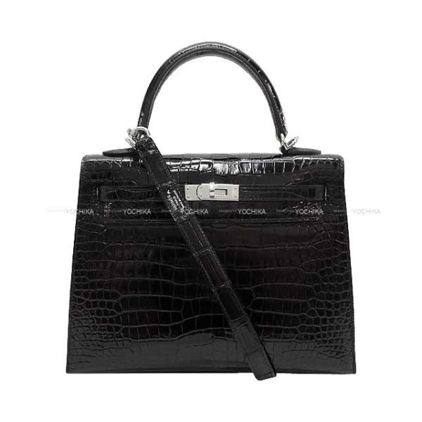 HERMES エルメス ケリー25 黒 (ブラック) クロコダイルポロサス シルバー金具 ショルダー...