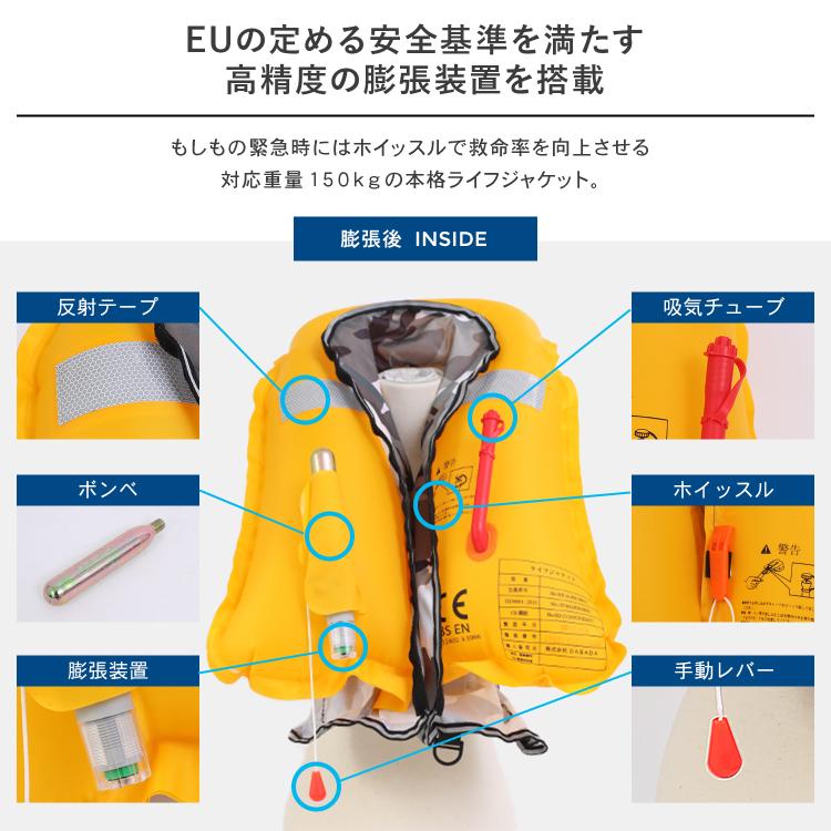 ライフジャケット ベストタイプ 自動膨張式 CE認証 釣り 救命胴衣 フリーサイズ 推奨80-110cm フィッシング 釣り マリンスポーツ ジェットスキー 防災｜dabada｜09