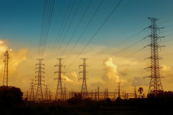 Electricity transmission grid at sunset