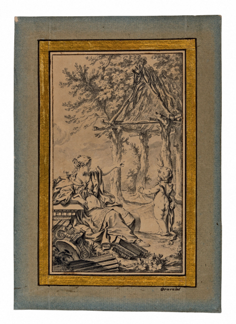 fig. 8 Hubert-Francois Bourguignon Gravelot, La hutte primitive, étude préparatoire pour le frontispice de l’ouvrage de Marc-Antoine Laugier Essai sur l’architecture, vers 1755.