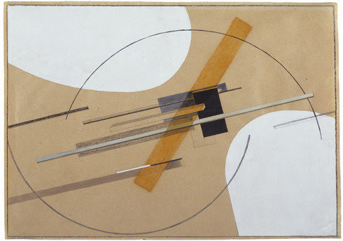 El Lissitzky, Proun (Entwurf zu Proun, S.K.), 1922-23, watercolor, gouache, india ink,graphite, conté crayon, and varnish on buff paper, 8 7/16 × 11 3/4" / 21.4 × 29.7 cm (Solomon R. Guggenheim Museum, New York)