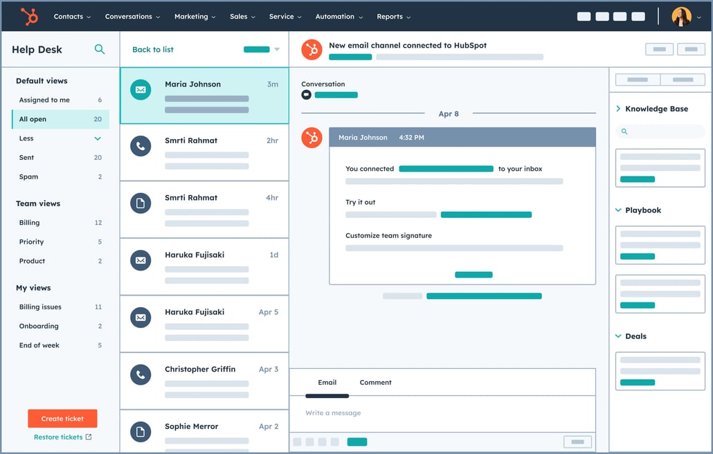 Simplified user interface in HubSpot showing the help desk interface with various views of customer conversations and tickets