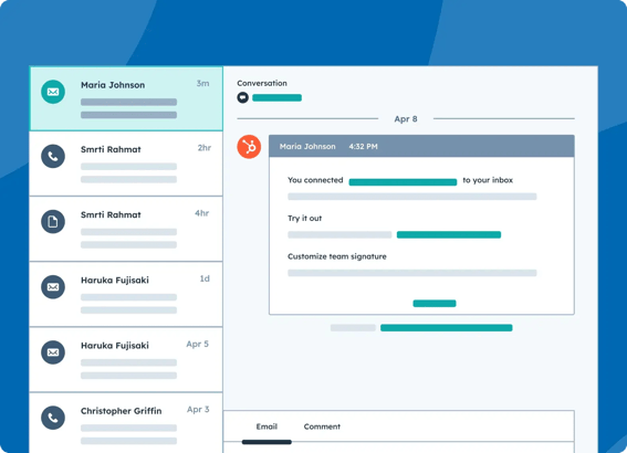 Simplified user interface in HubSpot showing the help desk in Service Hub featuring various customer service conversations with customers