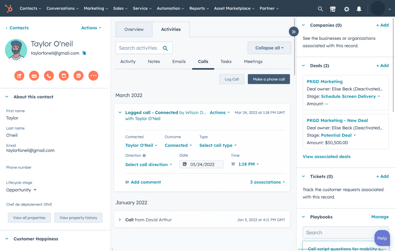 HubSpot UI showing calls being logged in the HubSpot Smart CRM