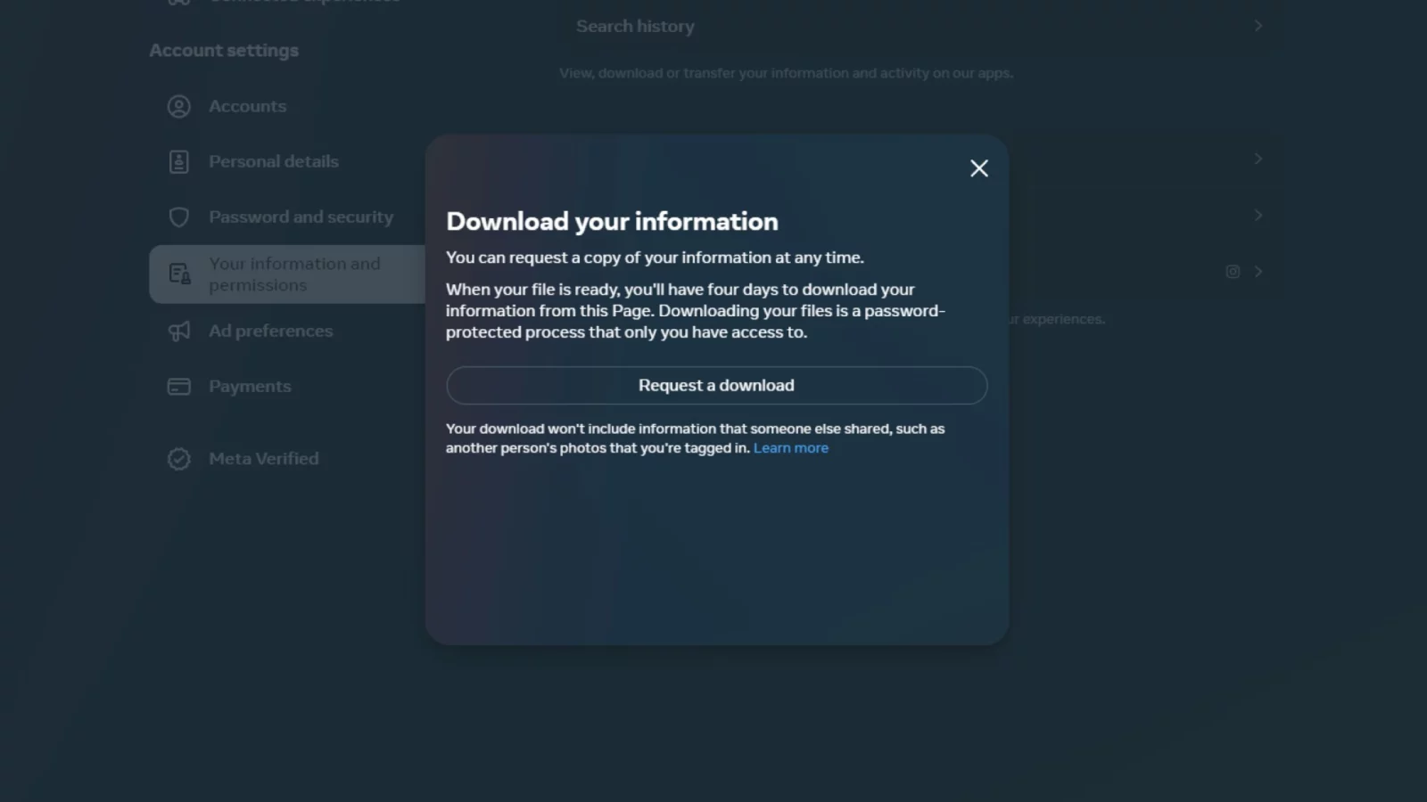 This image shows a digital interface for downloading personal information from a social media platform, offering a password-protected file with a request option.