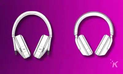 Two stylized drawings of headphones against a purple background, one on each side, with schematic-like detailing and dates "1802" and "1804" on the bands.