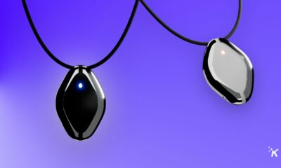 Two wearable tech devices with lights on purple background.