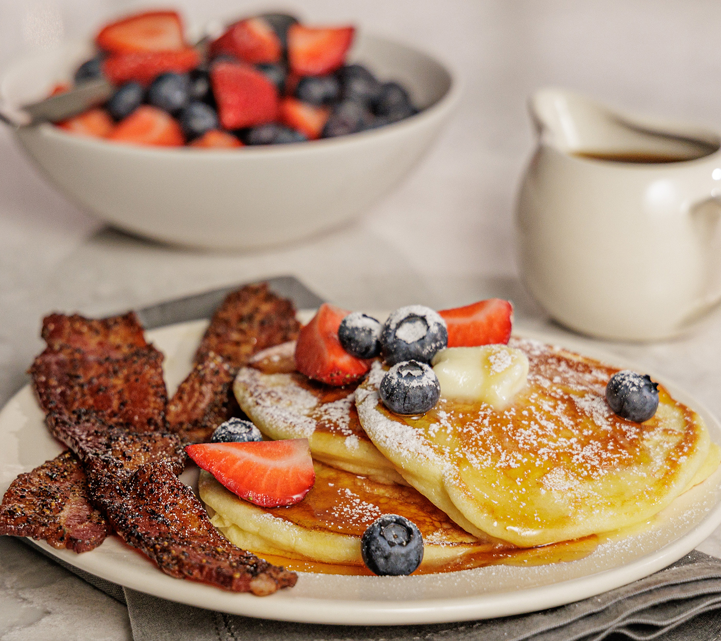 Billionaire’s Bacon with Ricotta Pancakes and Whiskey Maple Syrup