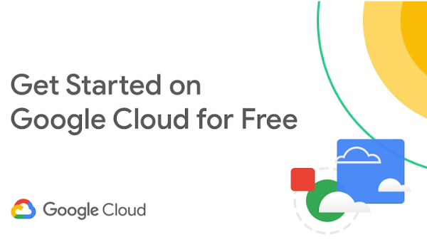 含有「Get started on Google Cloud for free」(免費開始使用 Google Cloud) 黑色文字的宣傳投影片