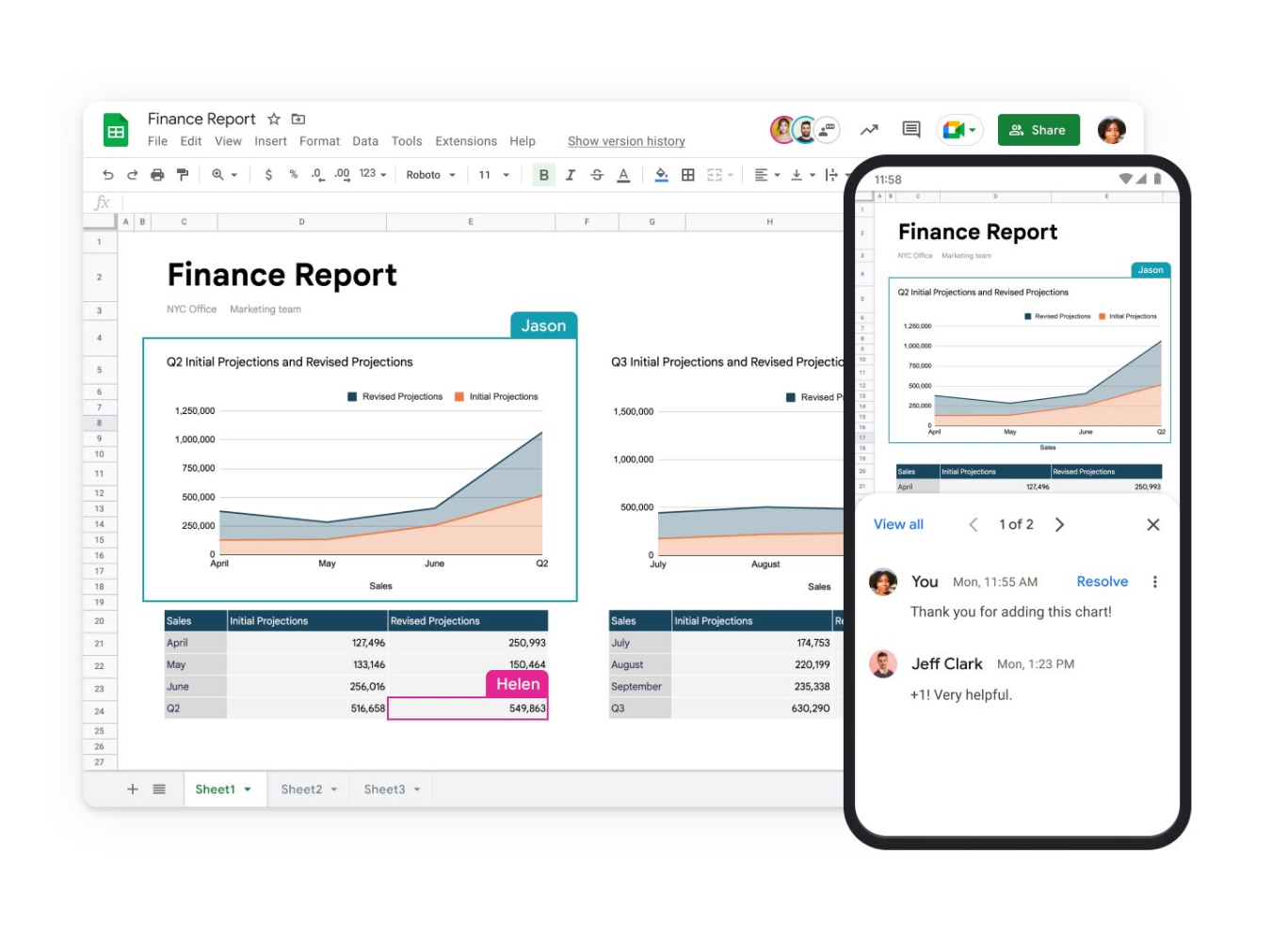 Google-Tabelle mit dem Titel „Finanzbericht“ auf einem Laptop und Smartphone 