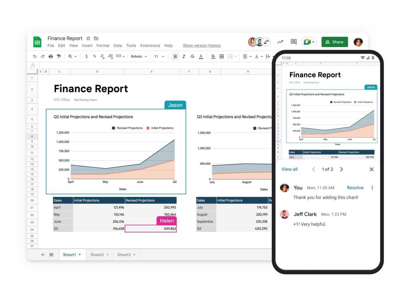 Google Sheet berjudul 'Laporan Keuangan' sedang ditampilkan di laptop dan layar ponsel. 