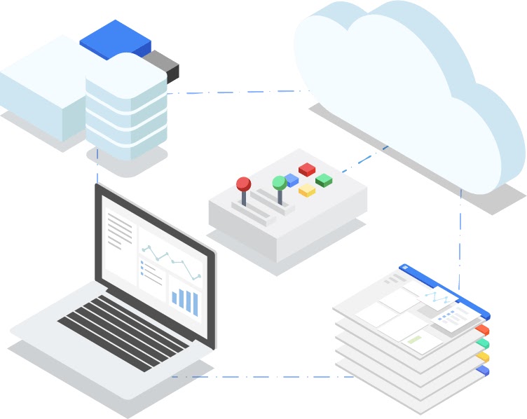 Illustrazione di un laptop, un database, uno stack di pagine web e un controller di gioco collegati al cloud.