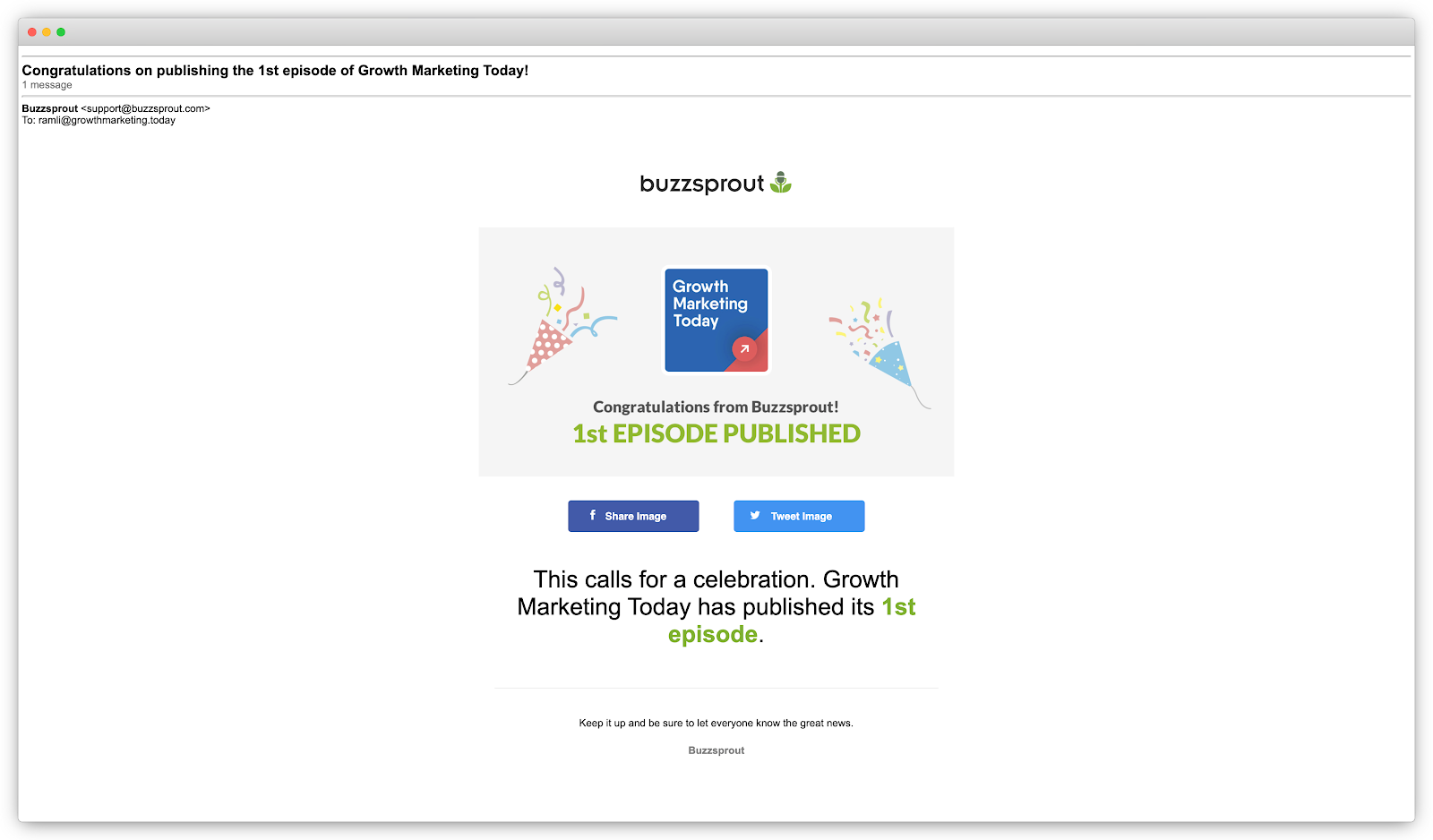 A screenshot of Buzzsprout's message after publishing a first podcast episode