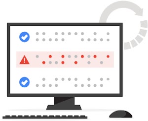 Imagen de un monitor de ordenador con tres filas de datos. La fila superior y la inferior tienen marcas de verificación de color azul a la izquierda, mientras que la fila central tiene un triángulo rojo con un signo de exclamación.