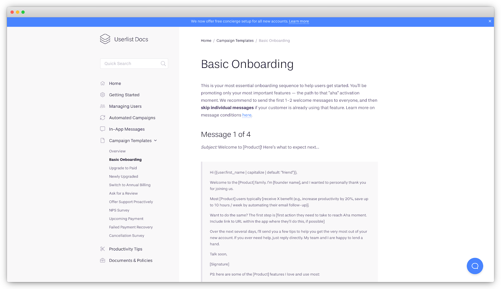 A screenshot of Userlist's simple copy-and-paste templates of emails and in-app messages users can use for onboarding