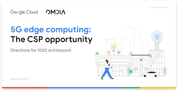 A picture of the cover page of the study entitled "5G edge computing study: The CSP Opportunity" with a subhead that reads, "Directions for 2022 and beyond." There is a graphical illustration of a person using a phone in front of a cityscape on the right-hand side.