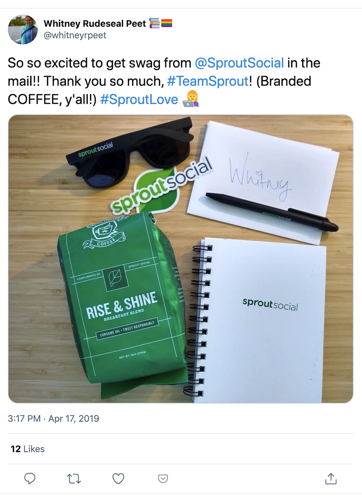A screenshot of a tweet about receiving SproutSocial's swag