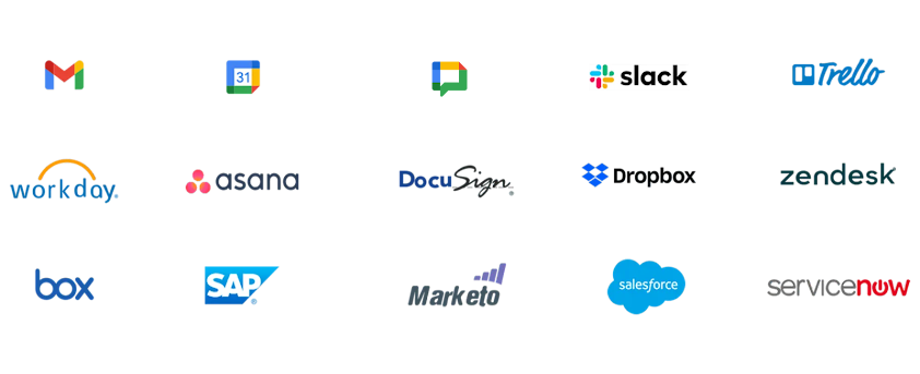 Gmail, Google Calendar, Google Chat, Slack, Trello, Workday, Asana, Docusign, Dropbox와 같은 여러 제품 로고