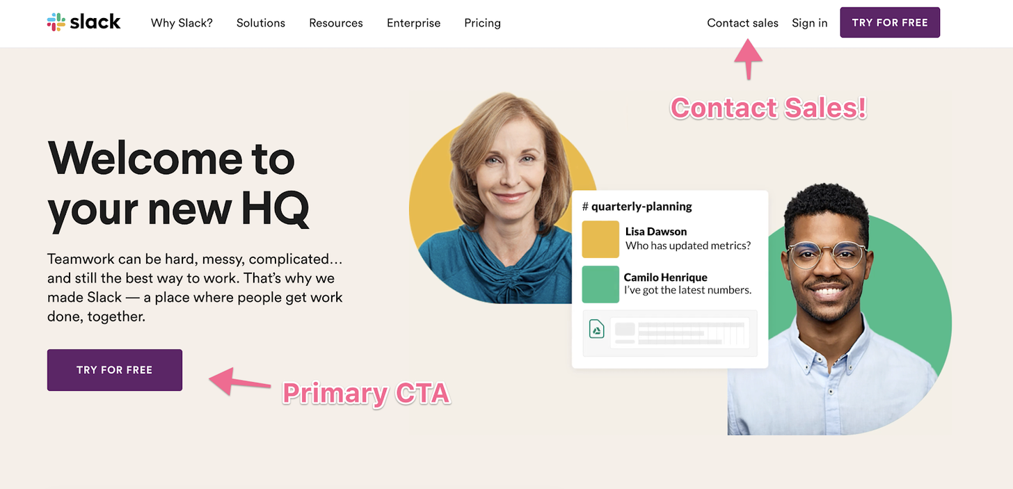 a screenshot of Slack's webpage highlighting their call-to-action