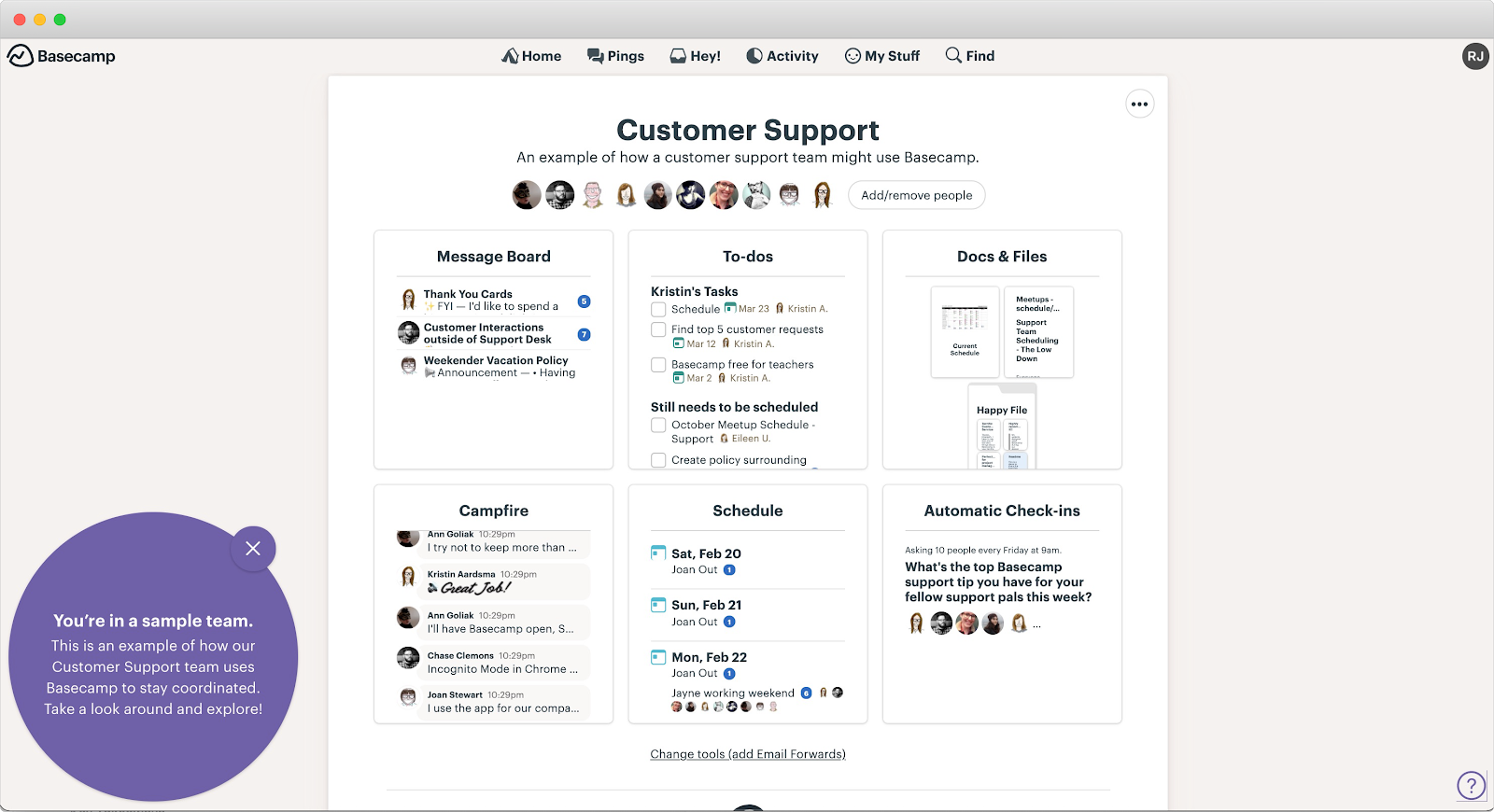 A screenshot of Basecamp's sample team