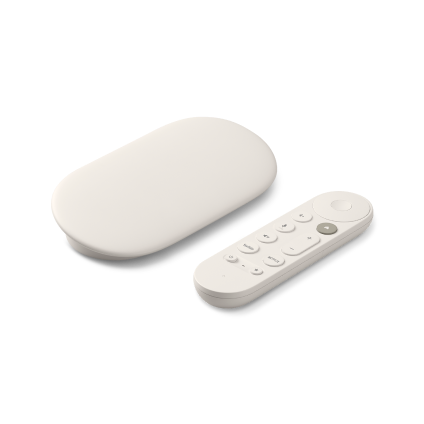 A white-colored Google TV Streamer against a white background.