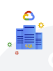 Imagen de tres servidores azules con un logotipo de Google Cloud encima