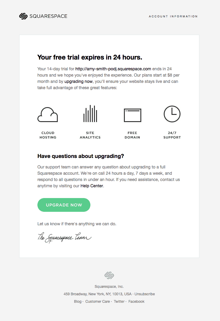 Squarespace user onboarding email