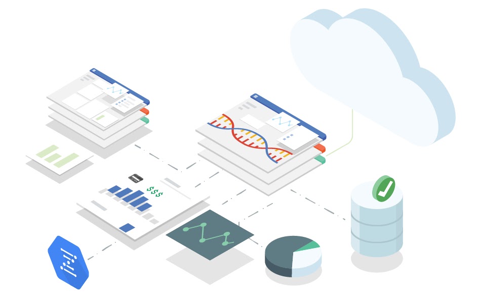 Rendering ilustratif dari data stack terdistribusi dan database yang terhubung ke jaringan dengan ikon Cloud Life Sciences