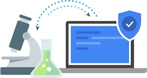 Data bergerak bolak-balik antara mikroskop dan gelas kimia ke monitor komputer, yang memiliki perisai biru dan tanda centang di bagian tengahnya