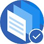 蓝色圆形图标，内有 3 个堆叠的文档，前景有一个对勾符号