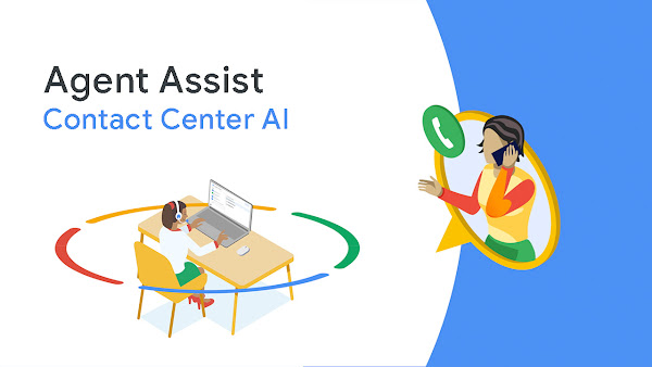 Ilustração de um agente de call center ajudando um cliente com o auxílio da tecnologia Agent Assist da Contact Center AI.