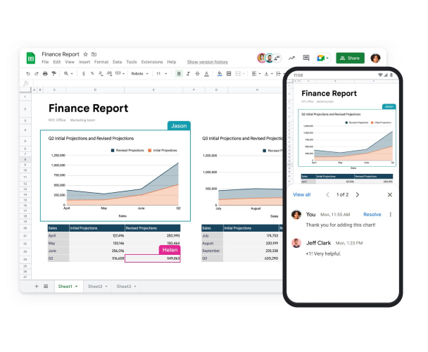 Google-Tabelle mit dem Titel „Finanzbericht“ auf einem Laptop und Smartphone 